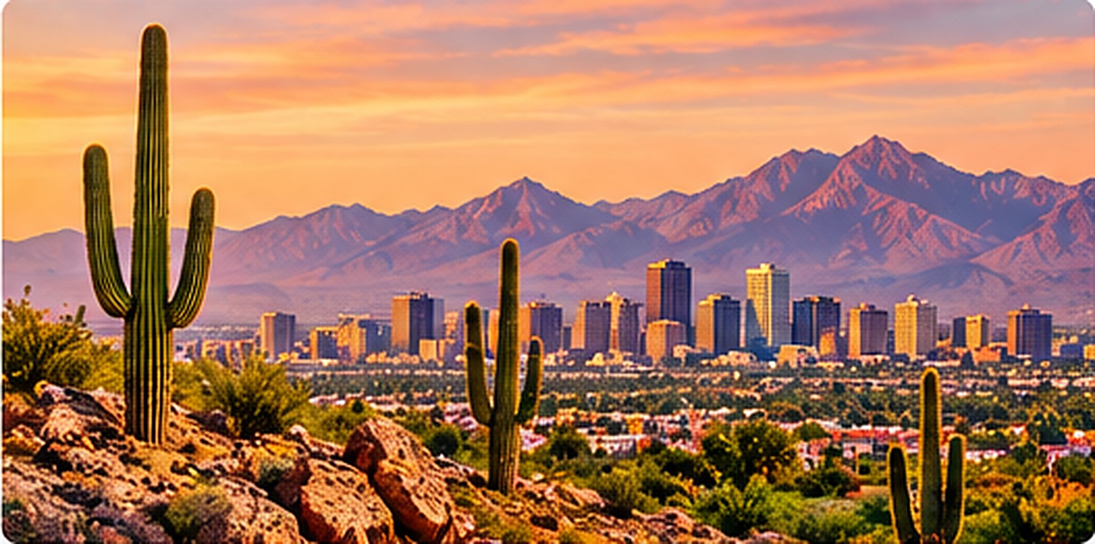 Illustrated Phoenix Arizona skyline with saguaro cacti for DSCR Loan Arizona rental property research