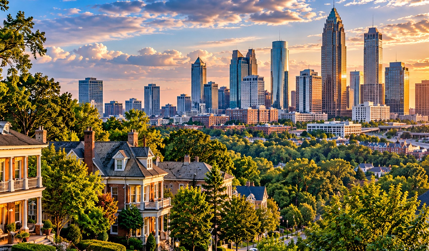 Georgia-inspired Atlanta neighborhood and skyline illustration for DSCR Loan Georgia investor education