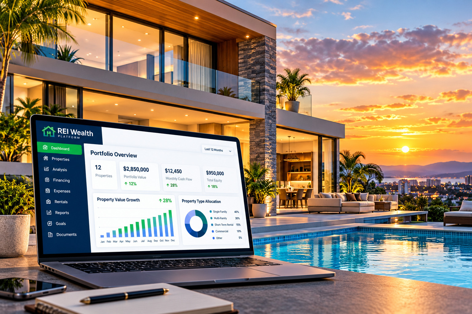 Modern investment property at sunset with an illustrative real estate investment software portfolio dashboard displayed on a laptop